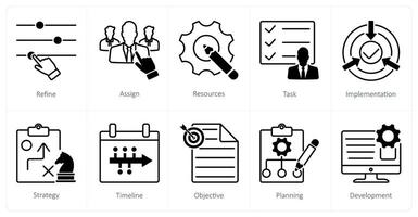 A set of 10 Action Plan icons as refine, assign, resources vector
