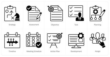 A set of 10 Action Plan icons as strategy, assessment, objective vector