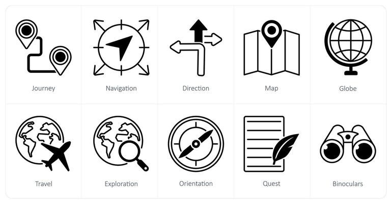 A set of 10 Adventure icons as journey, navigation, direction