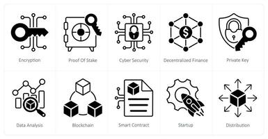 A set of 10 Blockchain icons as encryption, proof of stake, cyber security vector