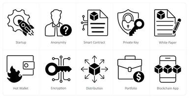 A set of 10 Blockchain icons as startup, anonymity, smart contract vector