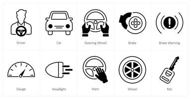 A set of 10 Car icons as driver, car, steering wheel vector