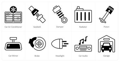 A set of 10 Car icons as car air conditioner, seatbelt, damper vector