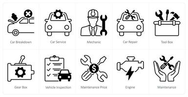 A set of 10 Car icons as car breakdown, car service, mechanic vector