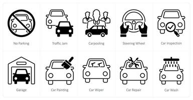 A set of 10 Car icons as no parking, traffic jam, carpooling vector