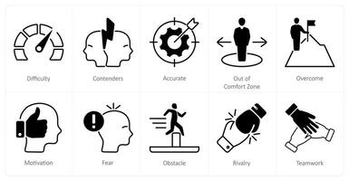 A set of 10 Challenge icons as difficulty, contenders, accurate vector