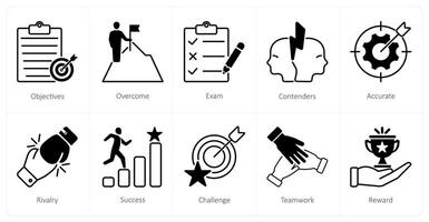 A set of 10 Challenge icons as objectives, overcome, exam vector