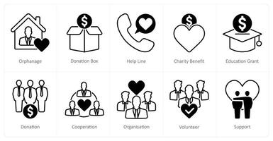 A set of 10 Charity and Donation icons as orphanage, donation box, help line vector