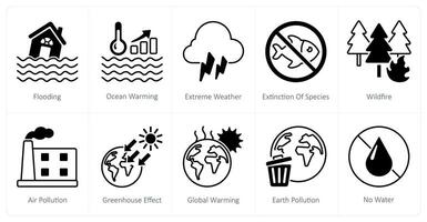 A set of 10 Climate Change icons as flooding, ocean warming, extreme weather vector