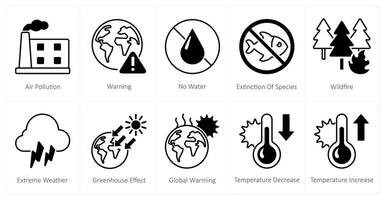 A set of 10 Climate Change icons as air pollution, warning, no water, extinction of species vector