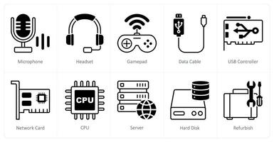 A set of 10 Computer Parts icons as microphone, headset, gamepad vector