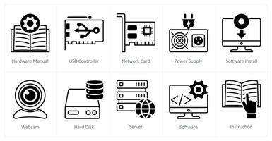 A set of 10 Computer Parts icons as hardware manual, usb controller, network card vector