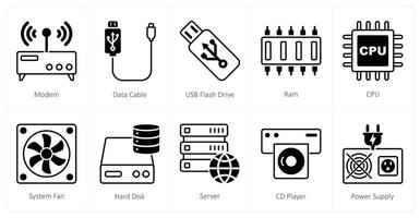 A set of 10 Computer Parts icons as modem, data cable, usb flash drive vector