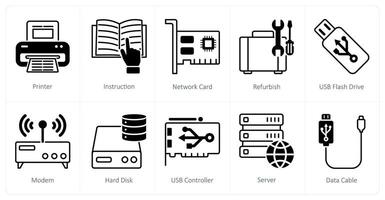 A set of 10 Computer Parts icons as printer, instruction, network card vector