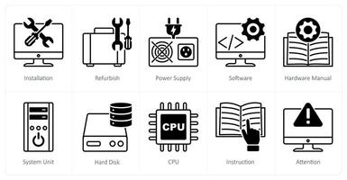 A set of 10 Computer Parts icons as installation, refurnish, power supply vector