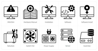 A set of 10 Computer Parts icons as attention, hardware manual, installation vector
