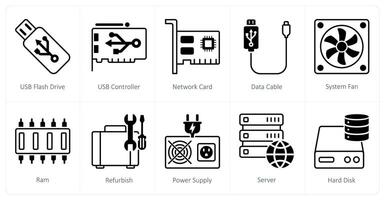 A set of 10 Computer Parts icons as usb flash drive, usb controller, network card vector