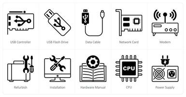 A set of 10 Computer Parts icons as usb controller, usb flash drive, data cable vector