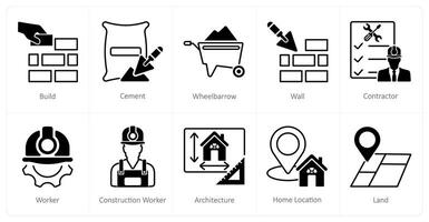 A set of 10 Construction icons as build, cement, wheel barrow vector