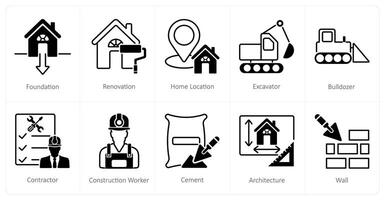 A set of 10 Construction icons as foundation, renovation, home location vector