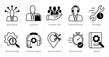 A set of 10 Customer Service icons as multi tasking, customer, customer care, customer service vector