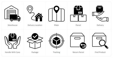 A set of 10 Delivery icons as warehouse, delivery location, maps vector