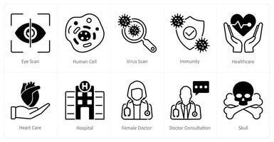 A set of 10 Medical icons as eye scan, human cell, virus scan vector