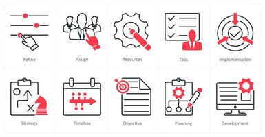 A set of 10 Action Plan icons as refine, assign, resources vector