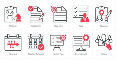 A set of 10 Action Plan icons as strategy, assessment, objective vector