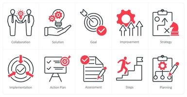 A set of 10 Action Plan icons as collaboration, solution, goal vector