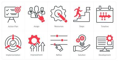 A set of 10 Action Plan icons as action plan, assign, resources vector