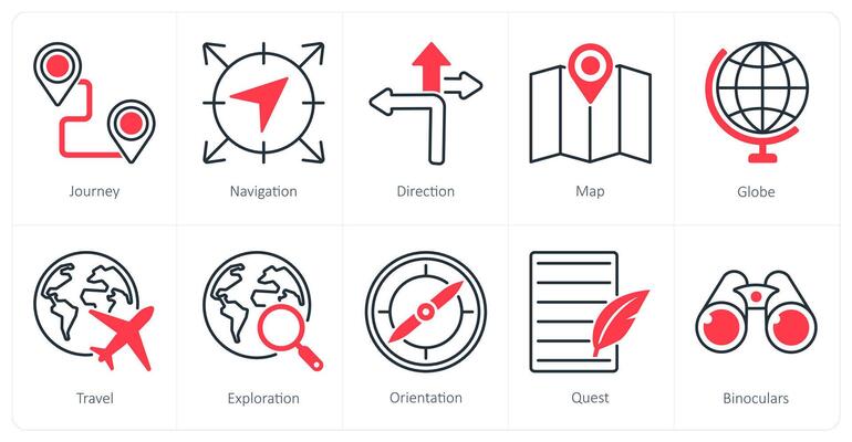 A set of 10 Adventure icons as journey, navigation, direction