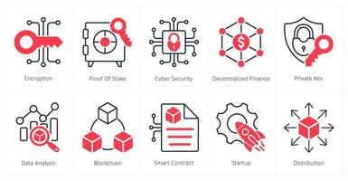 A set of 10 Blockchain icons as encryption, proof of stake, cyber security vector