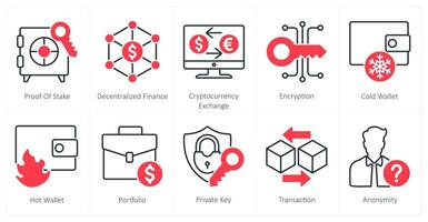 A set of 10 Blockchain icons as proof of stake, decentralized finance, cryptocurrency exchange vector