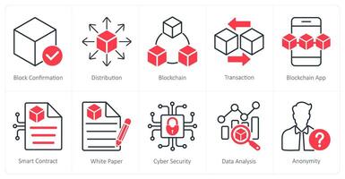 A set of 10 Blockchain icons as block confirmation, distribution, blockchain vector