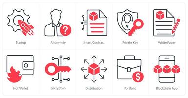 A set of 10 Blockchain icons as startup, anonymity, smart contract vector