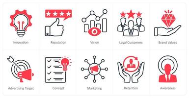 A set of 10 Branding icons as innovation, reputation, vision vector