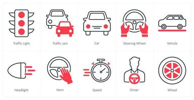 A set of 10 Car icons as traffic light, traffic jam, car vector