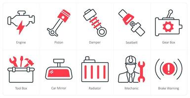 A set of 10 Car icons as engine, piston, damper vector
