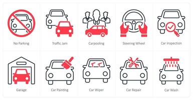 A set of 10 Car icons as no parking, traffic jam, carpooling vector