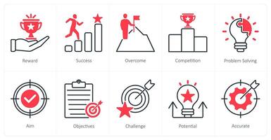 A set of 10 Challenge icons as reward, success, overcome vector