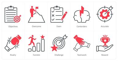 A set of 10 Challenge icons as objectives, overcome, exam vector