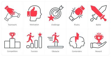 A set of 10 Challenge icons as teamwork, motivation, challenge vector