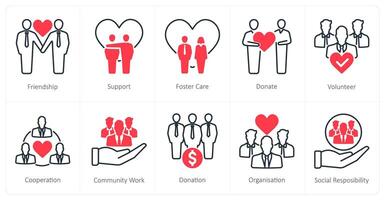 A set of 10 Charity and Donation icons as friendship, support, foster care vector