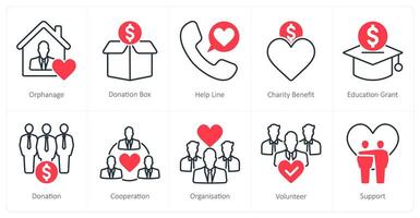 A set of 10 Charity and Donation icons as orphanage, donation box, help line vector
