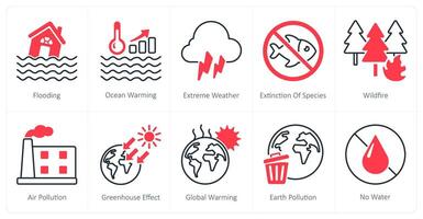 A set of 10 Climate Change icons as flooding, ocean warming, extreme weather vector