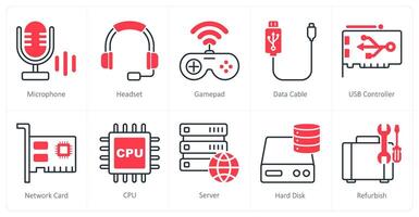 A set of 10 Computer Parts icons as microphone, headset, gamepad vector