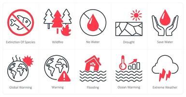 A set of 10 Climate Change icons as extinction of species, wildfire, no water vector