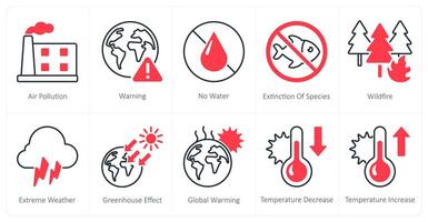 A set of 10 Climate Change icons as air pollution, warning, no water, extinction of species vector