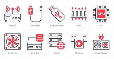 A set of 10 Computer Parts icons as modem, data cable, usb flash drive vector